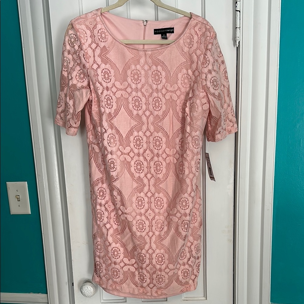 Madison Leigh Pink Lace Sheath Dress for Wedding Guests